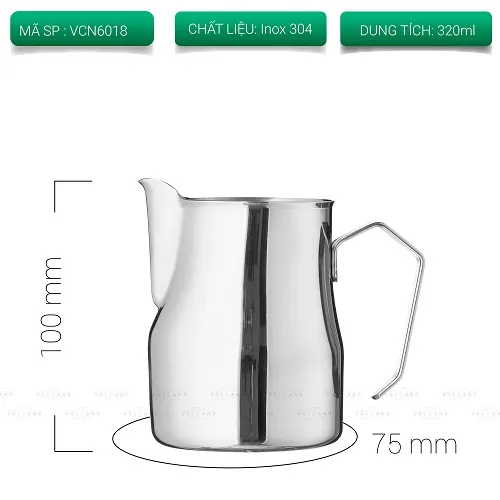 Ca đánh sữa Motta VCN6018 dung tích 320ml cao 100mm đáy rộng 75mm inox 304