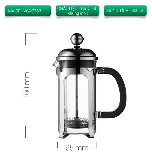 Thẻ thông số bình French Press mã VCN7763 dung tích 350ml cao 160mm rộng 65mm