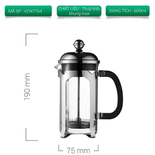 Thẻ thông số bình French Press mã VCN7764 dung tích 600ml cao 190mm rộng 75mm
