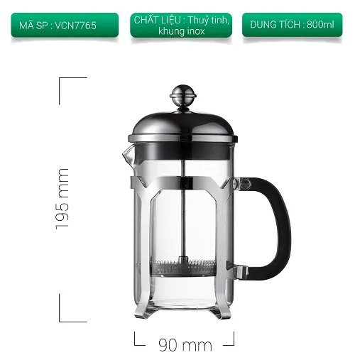 Thẻ thông số bình French Press mã VCN7765 dung tích 800ml cao 195mm rộng 90mm