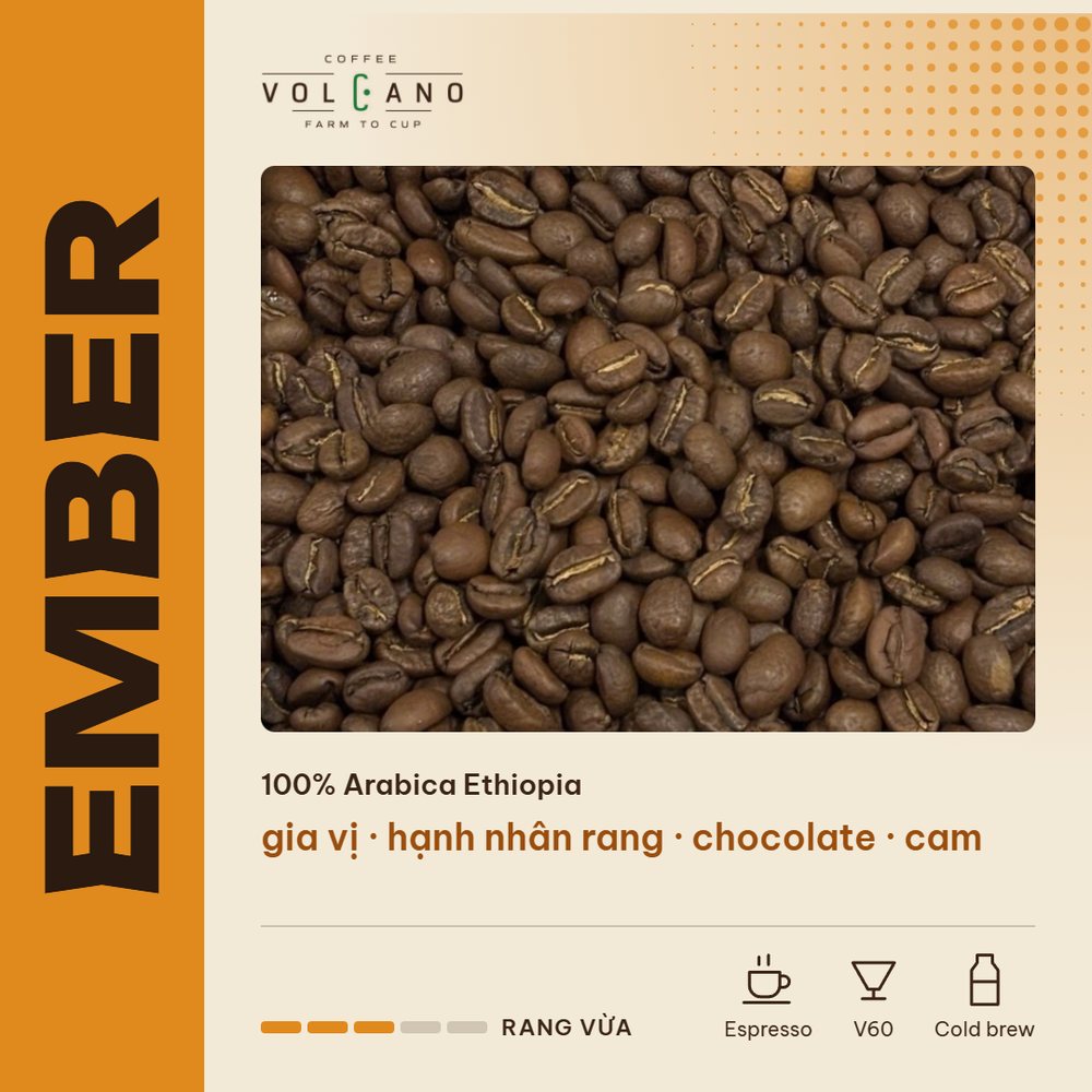 Cà phê hạt rang nguyên chất VOLCANO EMBER 250g – 100% Arabica Ethiopia Guji, pha máy espresso, V60, cold brew
