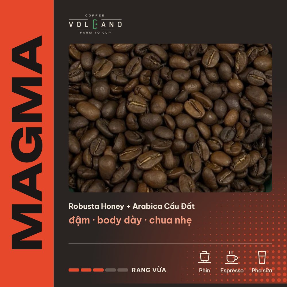 Cà phê hạt rang nguyên chất VOLCANO MAGMA 250g – Robusta Honey + Arabica Cầu Đất, pha phin và pha máy