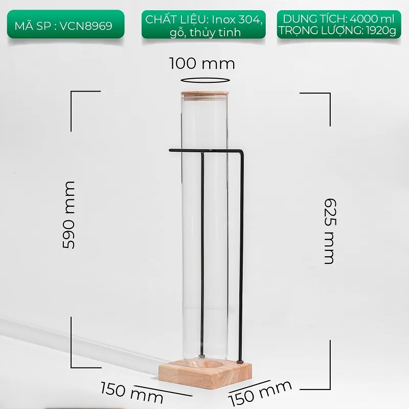Thẻ thông số ống thuỷ tinh VCN8969 dung tích 4000ml cao 625mm đường kính 100mm