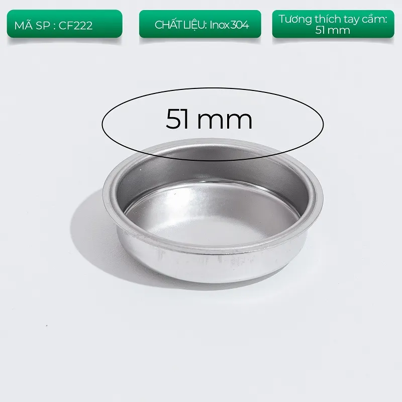 Filter mù inox 304 mã CF222 đường kính 51mm cho tay cầm máy pha espresso 51mm