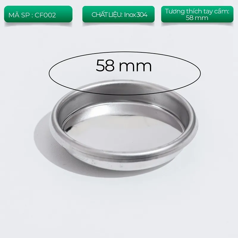 Filter mù inox 304 mã CF002 đường kính 58mm cho tay cầm máy pha espresso 58mm