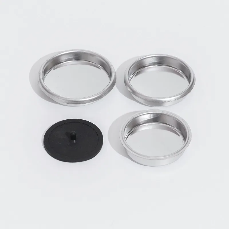 Bộ bốn mẫu filter mù vệ sinh máy pha espresso: ba đĩa inox 304 và một đĩa silicon đen