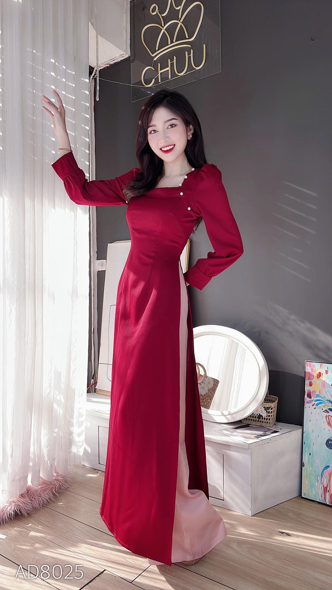 Áo dài cách tân cổ vuông lư ngọc trai CHUU