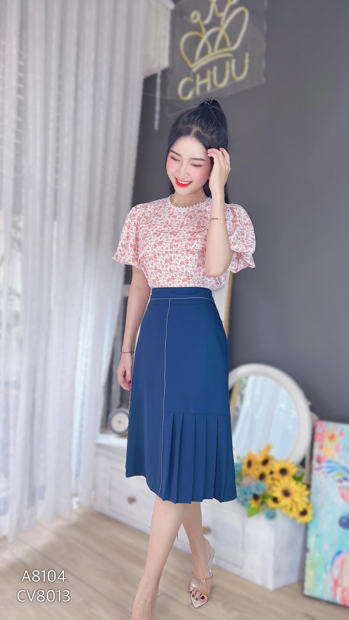 Combo 2 Chân váy xếp ly Olioli Fashion (Dài ngang gối màu xanh dương + caro  màu xám ghi dáng midi) | Shopee Việt Nam