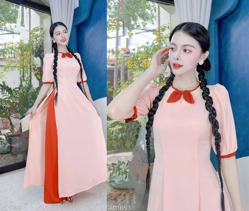 Áo dài cổ tròn tay phồng