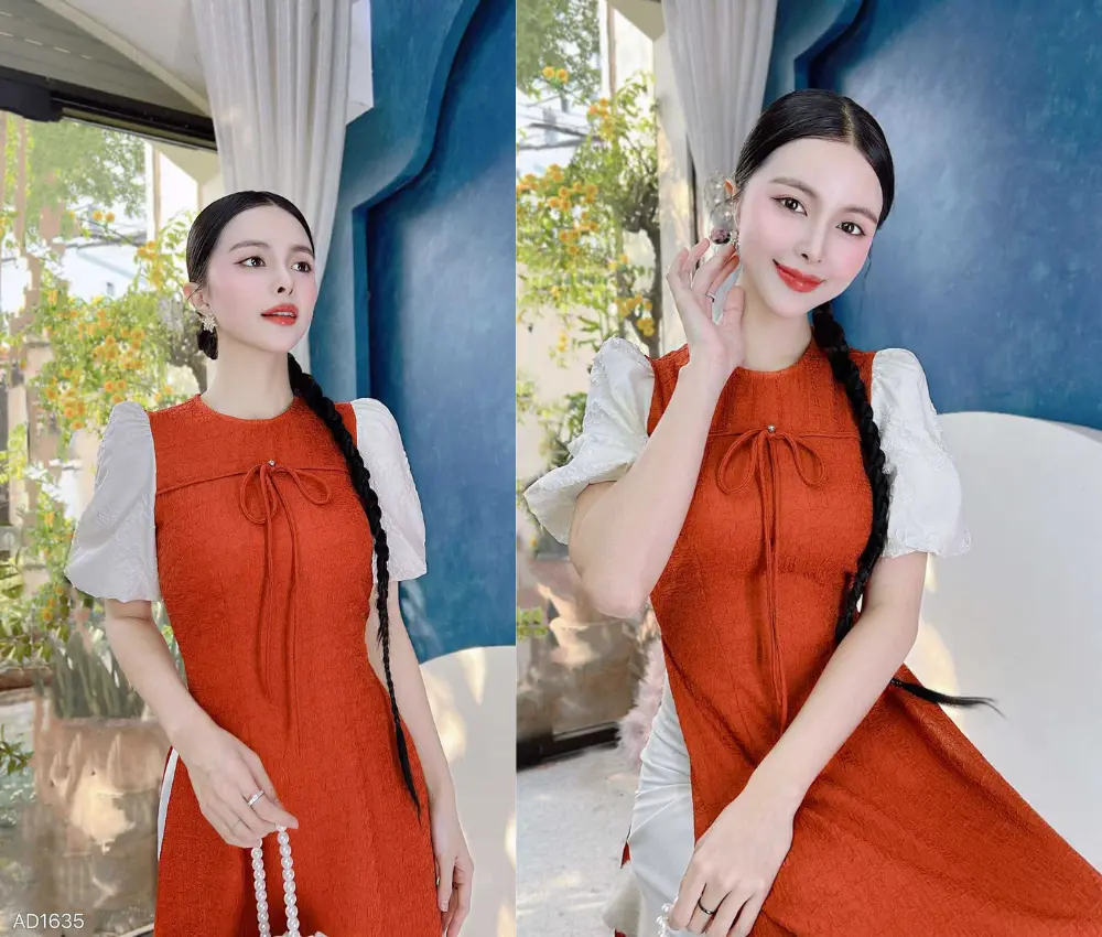 Áo dài cổ tròn tay phồng