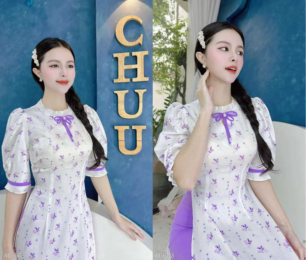 Áo dài cổ tròn tay phồng