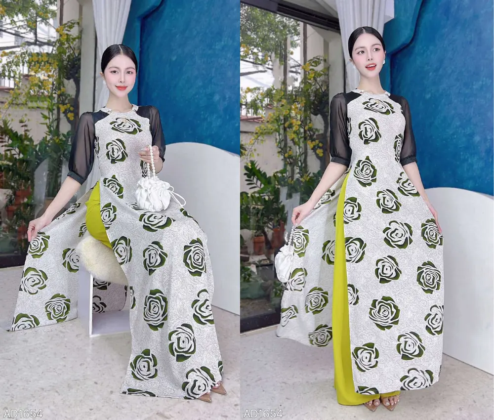 Áo dài cổ tròn tay phồng