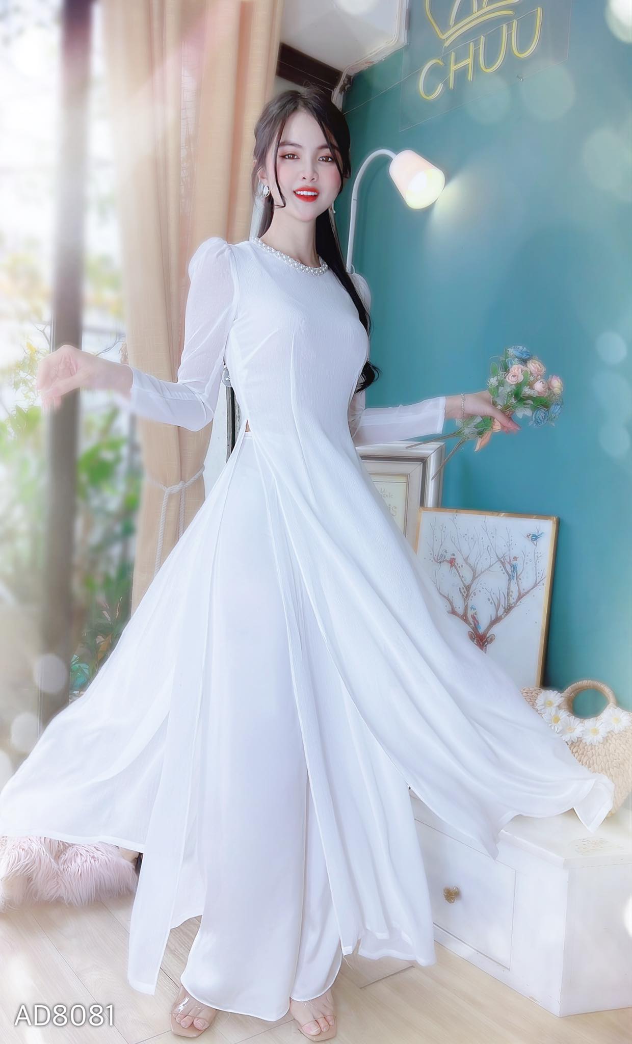 Áo Dài Vải Xước Cổ Viền Ngọc CHUU