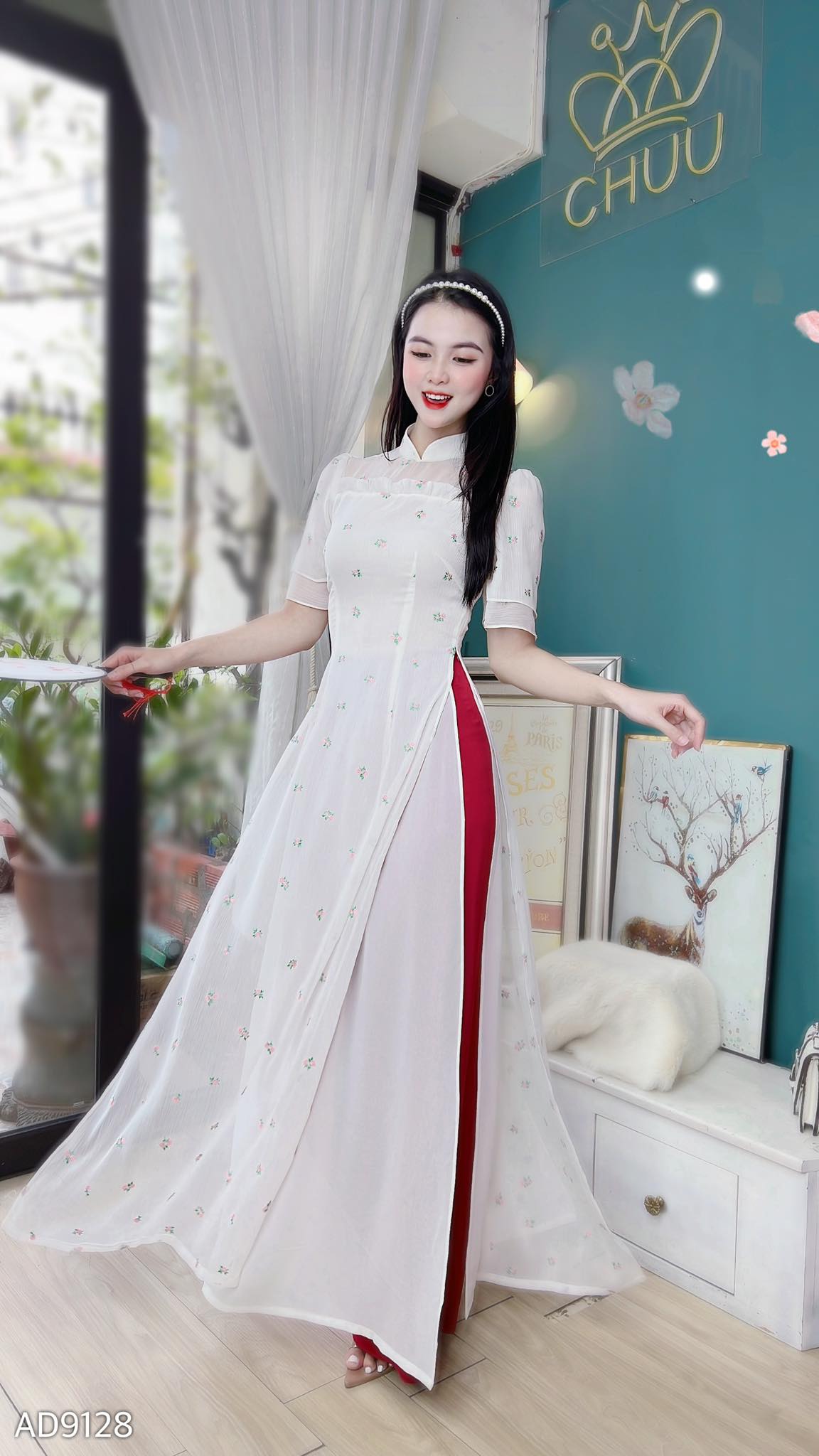 Áo Dài Tơ Thêu Hoa Hồng Ad9128