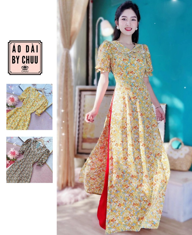 Áo Dài Hoa Cổ Bướm Tay Loe AD9119 Áo Dài Hoa Cổ Bướm Tay Loe Ad9119