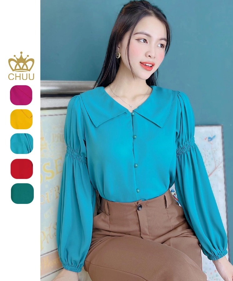 Áo Sơ Mi Cổ Nhọn Tay Nhún A9362