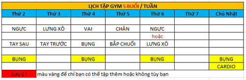 lịch tập gym 5 buổi 1 tuần