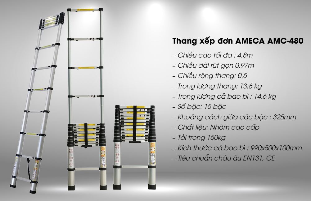 Thang nhôm rút đa năng cao nhất 3,8m thương hiệu ameca