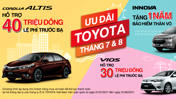 Ưu đãi Toyota tháng 7 và 8 khi mua xe Corolla Altis, Vios và Innova