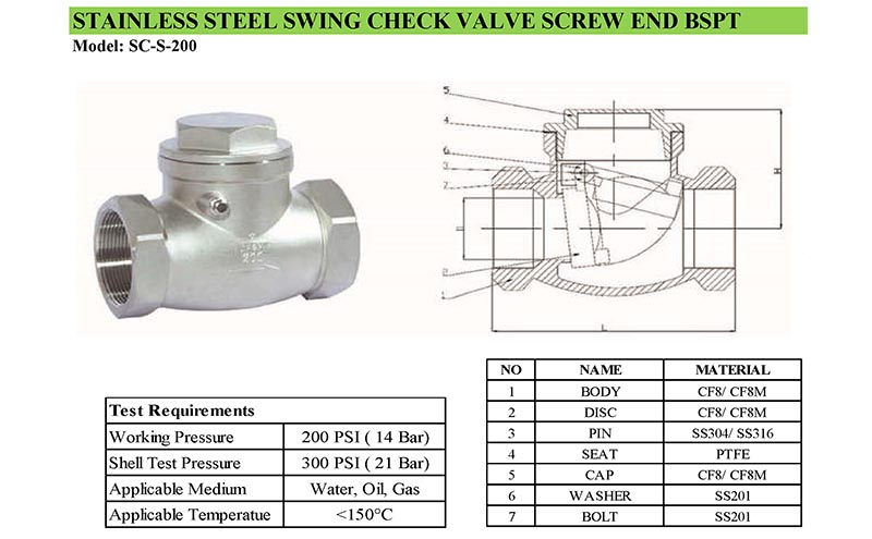 thông số kỹ thuật van 1 chiều SC-S-200