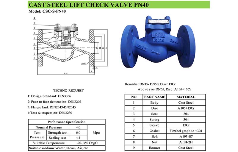 thông số kỹ thuật van 1 chiều chữ ngã PN40