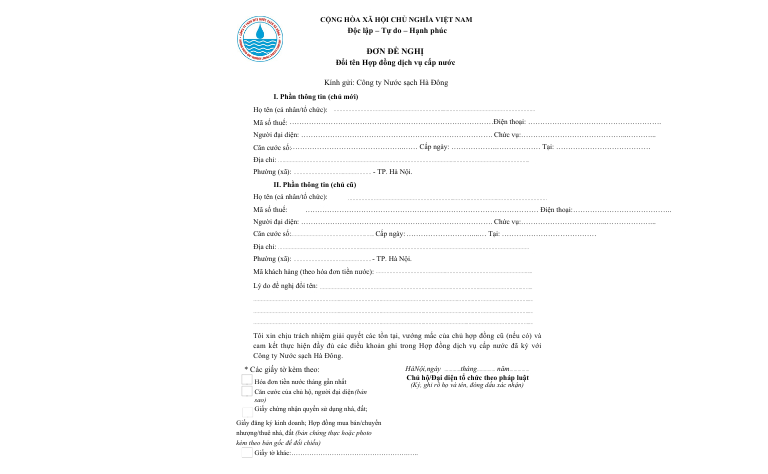 Đơn đề nghị đổi tên hợp đồng nước