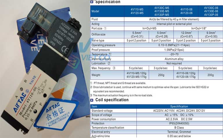 Thông số kỹ thuật van điện từ khí nén Airtac 4V110-06