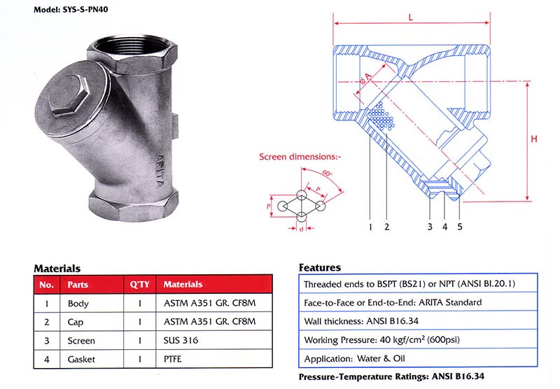 Thông số kỹ thuật SS Y-STRAINER SE - ARITA