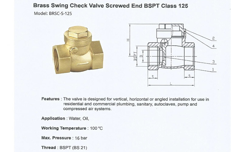 Thông số kĩ thuật của van 1 chiều đồng lá lật Arita BRSC-S-125 