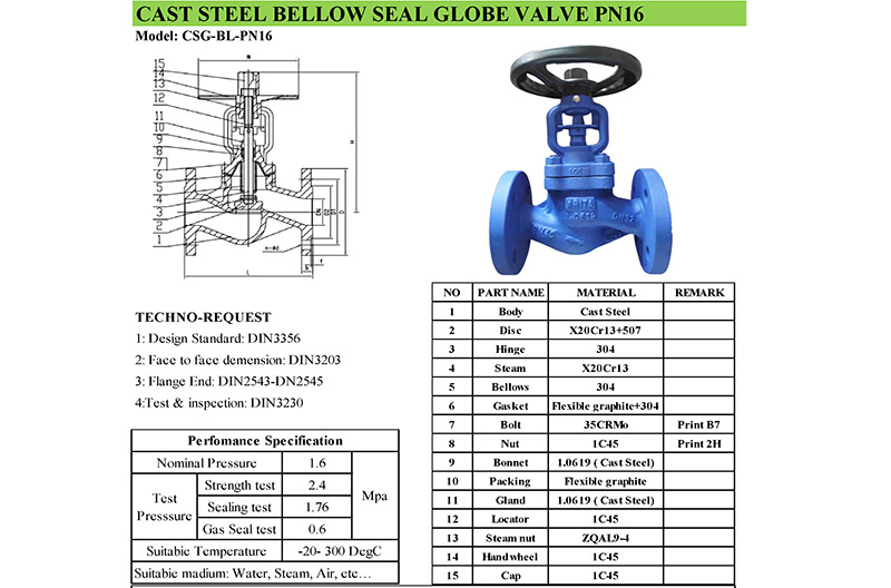 Thông số kỹ thuật van cầu thép CSG-BL-PN16