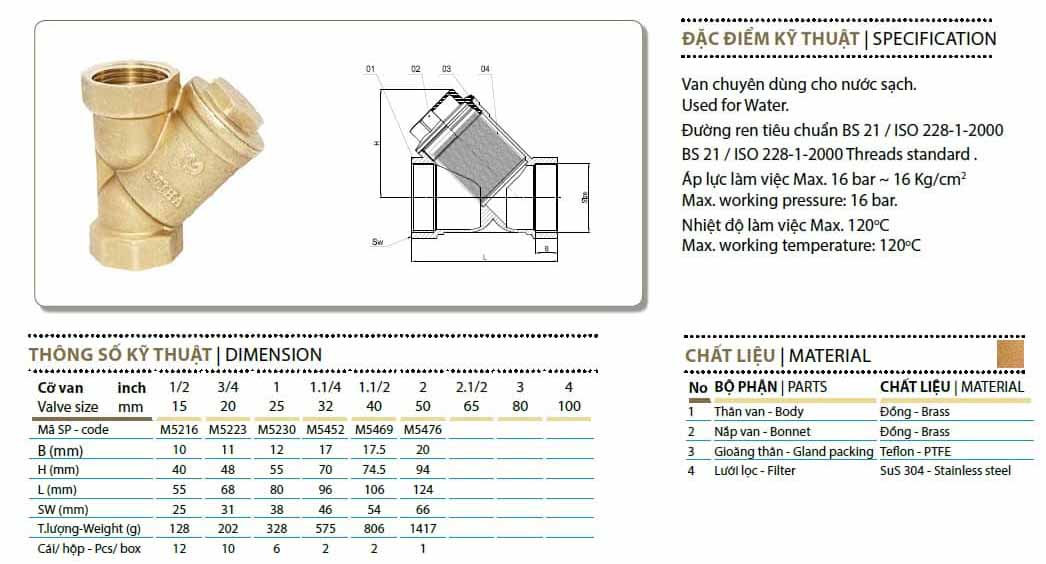 Thông số kỹ thuật Y lọc đồng