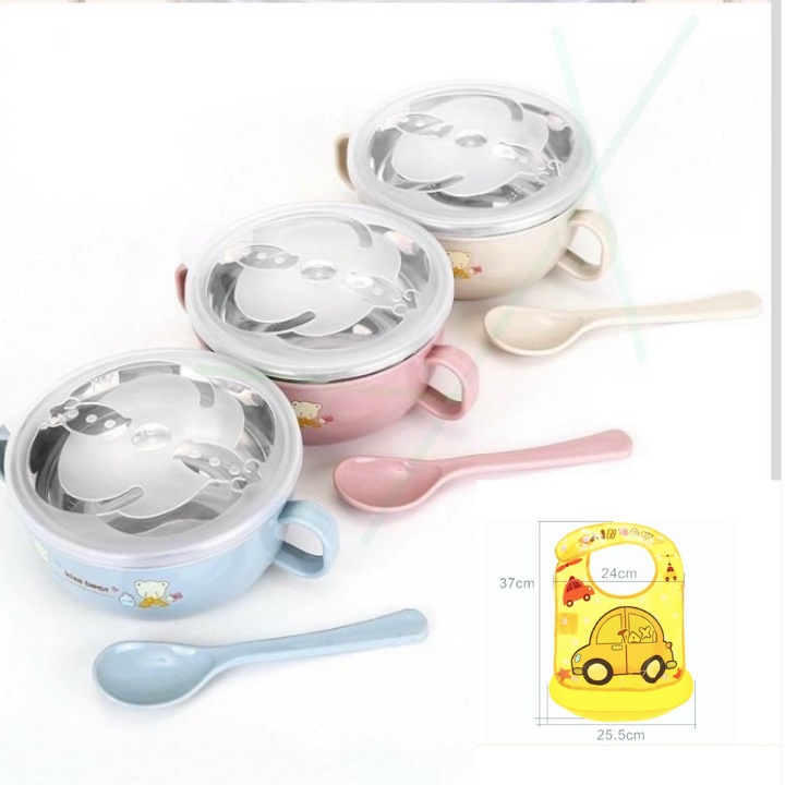 Bát inox ăn dặm 2 lớp chống nóng cho bé kèm thìa