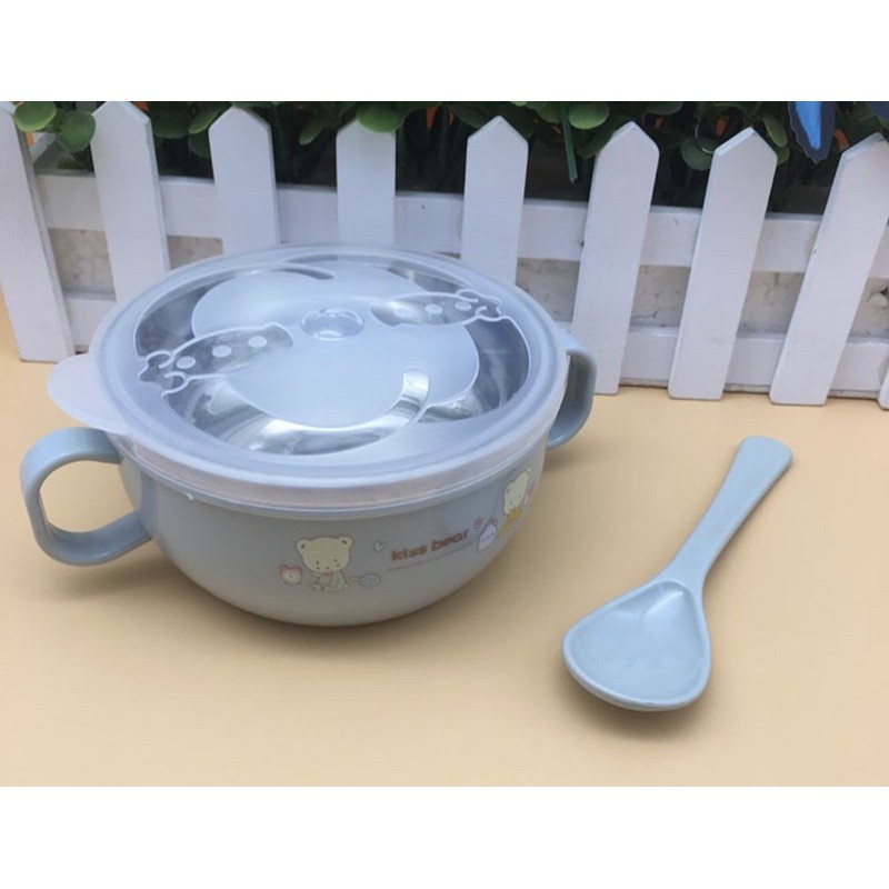 Bát inox ăn dặm 2 lớp chống nóng cho bé kèm thìa