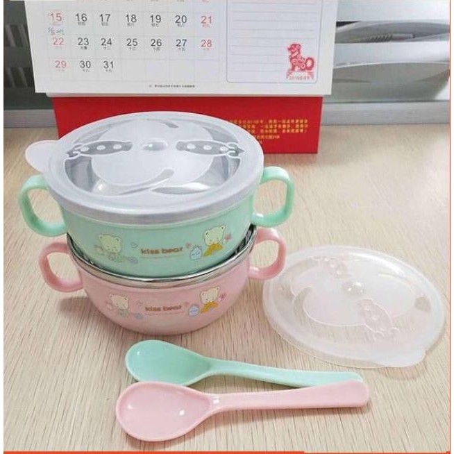 Bát inox ăn dặm 2 lớp chống nóng cho bé kèm thìa