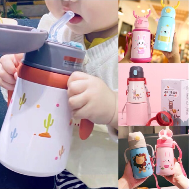 Bình nước giữ nhiệt nóng lạnh 500ml có ống hút đáng yêu cho bé