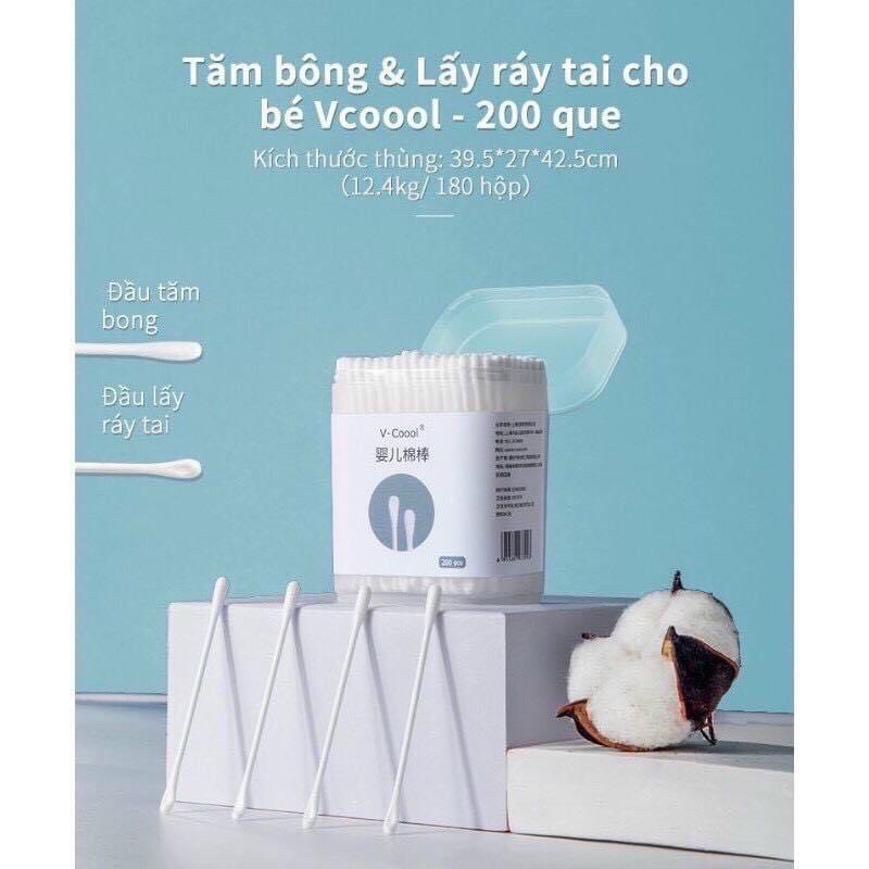 Tăm bông Vcool đa năng, tăm bông vệ sinh lấy ráy tai cho bé sơ sinh (hộp 200 que)