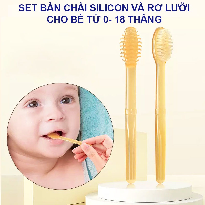 Bộ rơ lưỡi kèm bàn chải đánh răng silicon siều mềm, an toàn cho bé