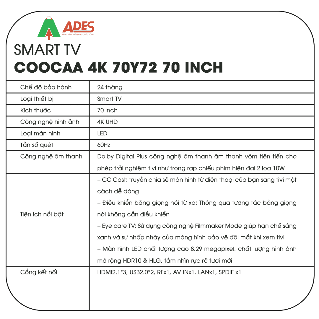 Smart TV Coocaa 4k 70Y72 70 inch