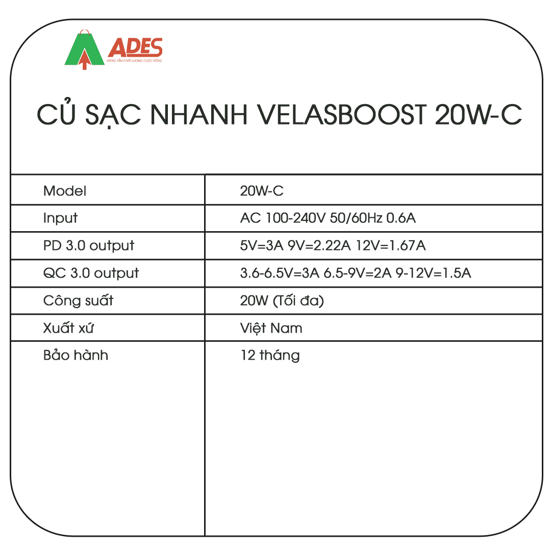 Cu sac nhanh Velasboost 20W-C