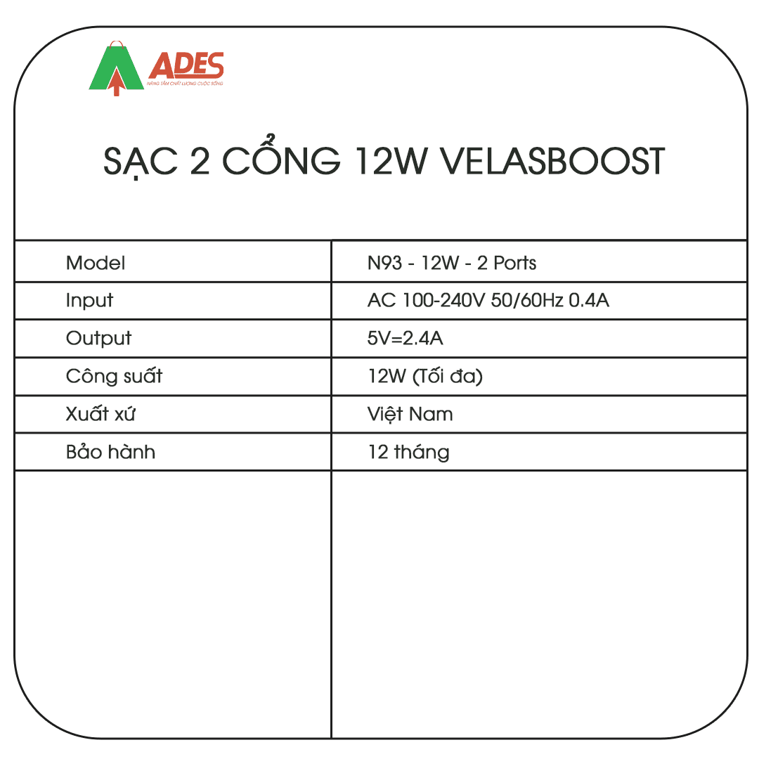 Cu sac 2 cong 12W Velasboost