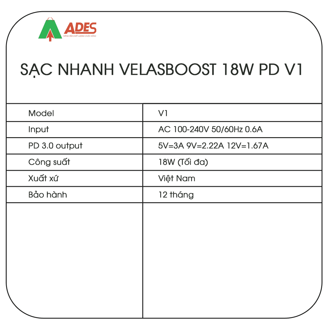 Bo sac nhanh Velasboost V1 18W USB