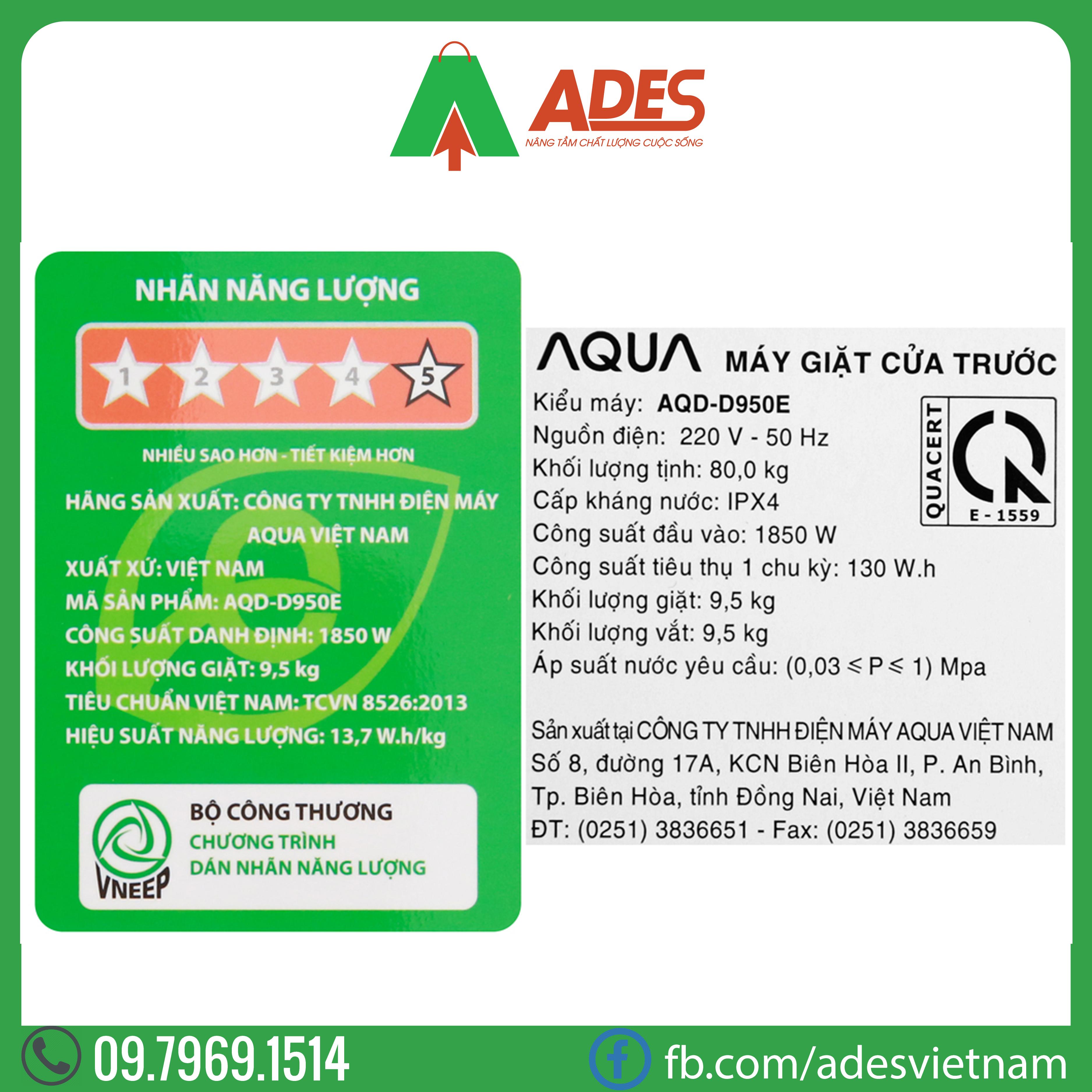 may giat aqua inverter 9.5kg aqd-d950e w | chinh hang, gia re