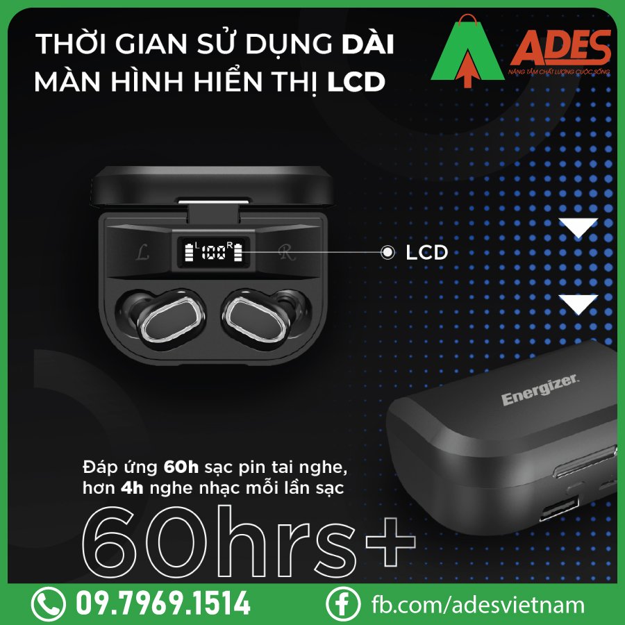 Tai nghe True Wireless Stereo Energizer UB 2607 thoi gian su dung dai, thiet ke man hinh LCD