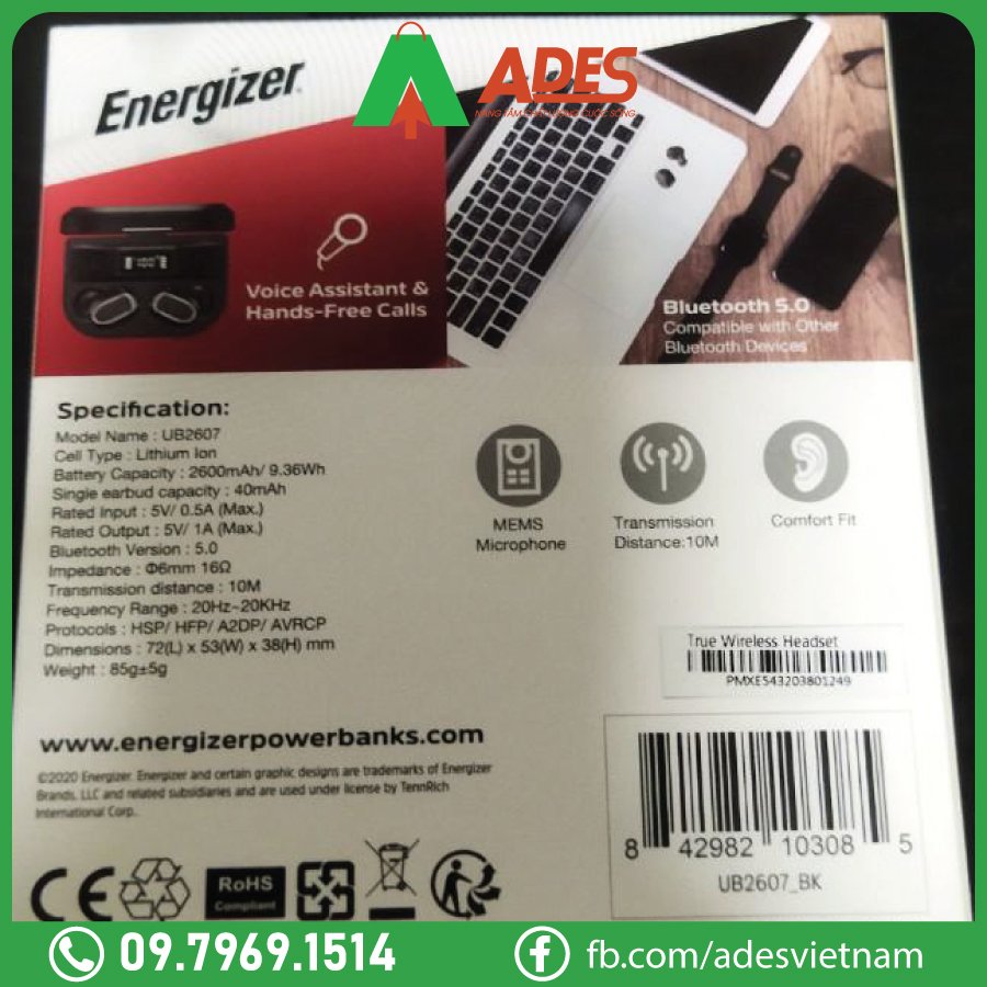 Thong so Tai nghe True Wireless Stereo Energizer UB 2607