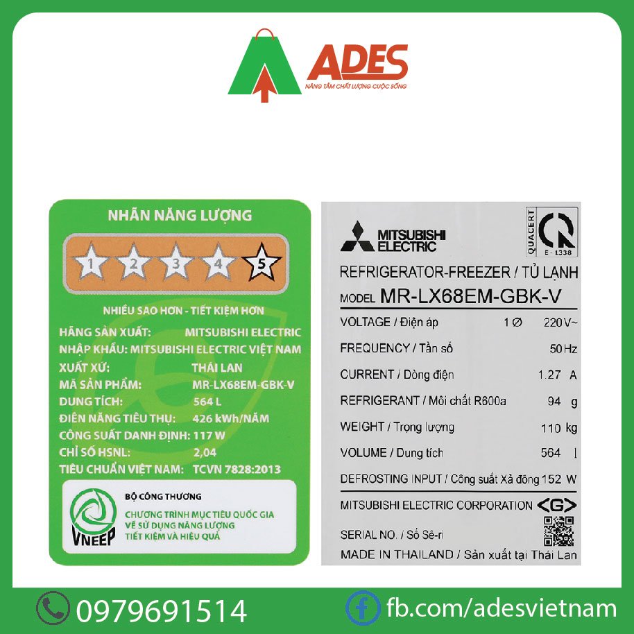 tu lanh Mitsubishi Electric Inverter 564L MR-LX68EM-GBK-V