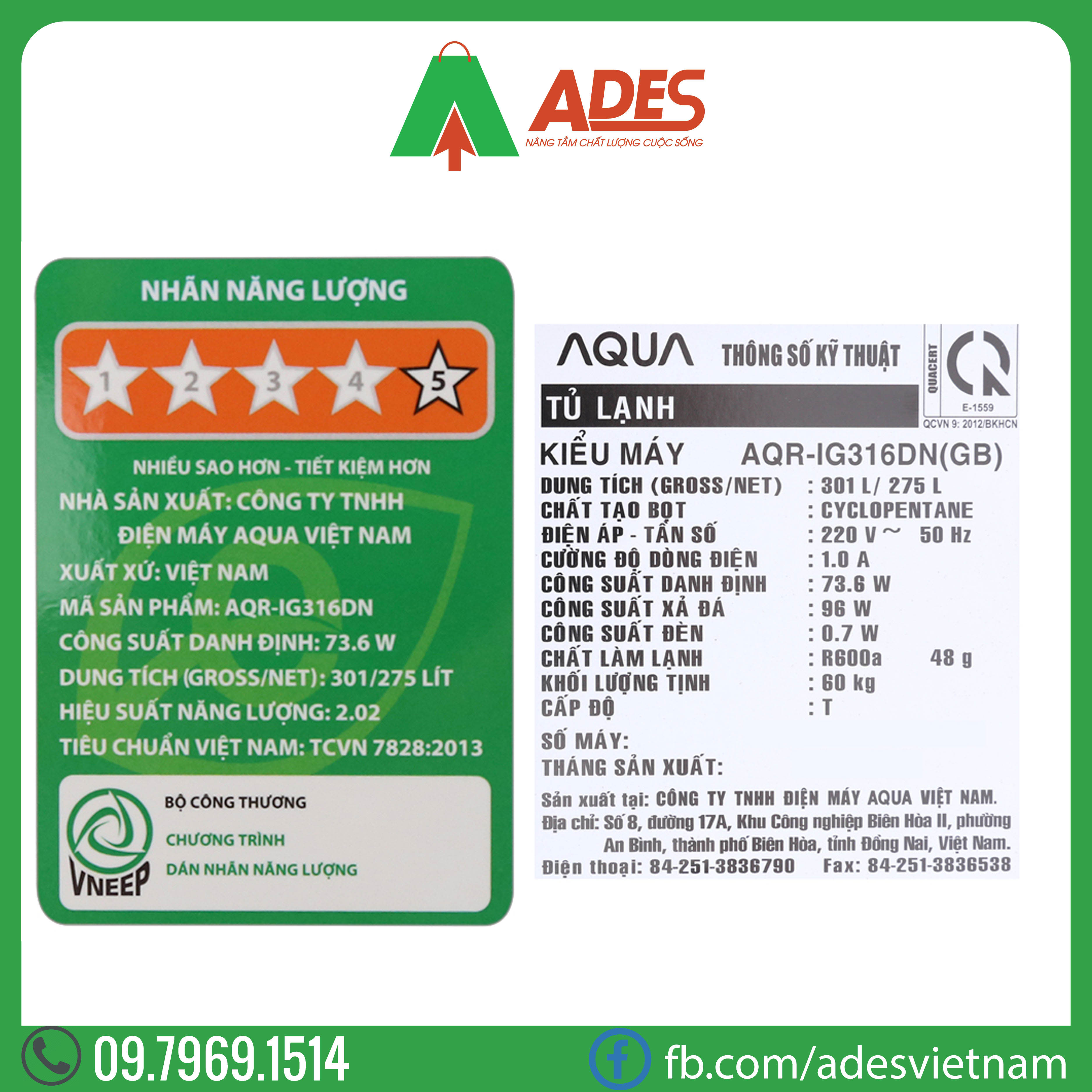 tu lanh aqua inveter 301 lit aqr-ig316dn (gb) | chinh hang, gia re