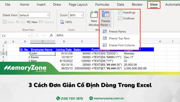 cố định dòng trong excel