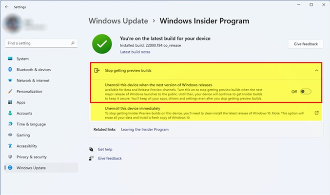 Bật On tại mục Unenroll this device when the next version of Windows releases