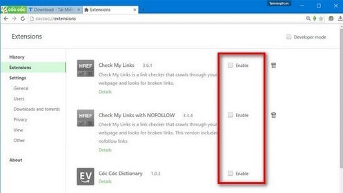Bật/ Tắt Extension Cốc Cốc bằng cách tick/ bỏ tick