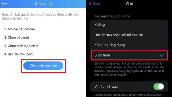 Cho phép Zalo truy cập vị trí của bạn